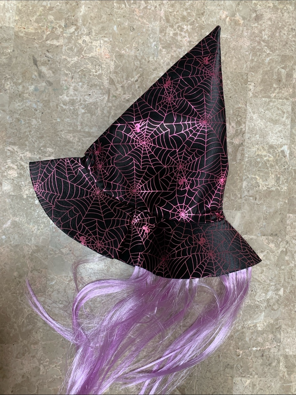 H&M Black Witch Hat w/Pink Spiderwebs and Purple Hair. Pre-owned in great shape